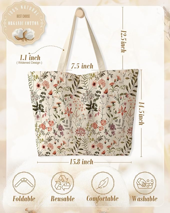 Miss Adola Large Tote Bag for Women - Canvas Tote Bag with Zipper Aesthetic Reusable Shoulder Bag for Gym, Travel, Work