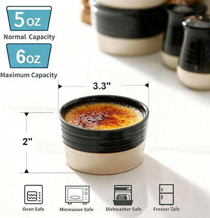 Hasense Ceramic Ramekins Set of 6, 6 Oz Oven Safe Mini Bowls, Black & Beige Farmhouse Ramekins for Creme Brulee, Souffle, Custard & Dipping Sauces