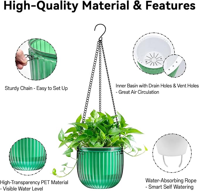 Halatool 2 Pack Self Watering Hanging Planters for Plants, 8.3 Inch Hanging Baskets, 3 Hooks Plant Hangers with Drainage Holes for Gardening (Green)