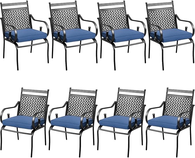 MELLCOM Patio Dining Chairs Set of 8, Heavy Duty Outdoor Dining Chairs with Armrests and Cushions, Iron Metal Patio Chairs for Outside, Garden Lawn & Porch, Backyard, Blue