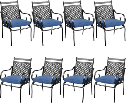MELLCOM Patio Dining Chairs Set of 8, Heavy Duty Outdoor Dining Chairs with Armrests and Cushions, Iron Metal Patio Chairs for Outside, Garden Lawn & Porch, Backyard, Blue