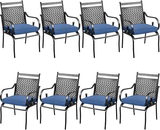MELLCOM Patio Dining Chairs Set of 8, Heavy Duty Outdoor Dining Chairs with Armrests and Cushions, Iron Metal Patio Chairs for Outside, Garden Lawn & Porch, Backyard, Blue