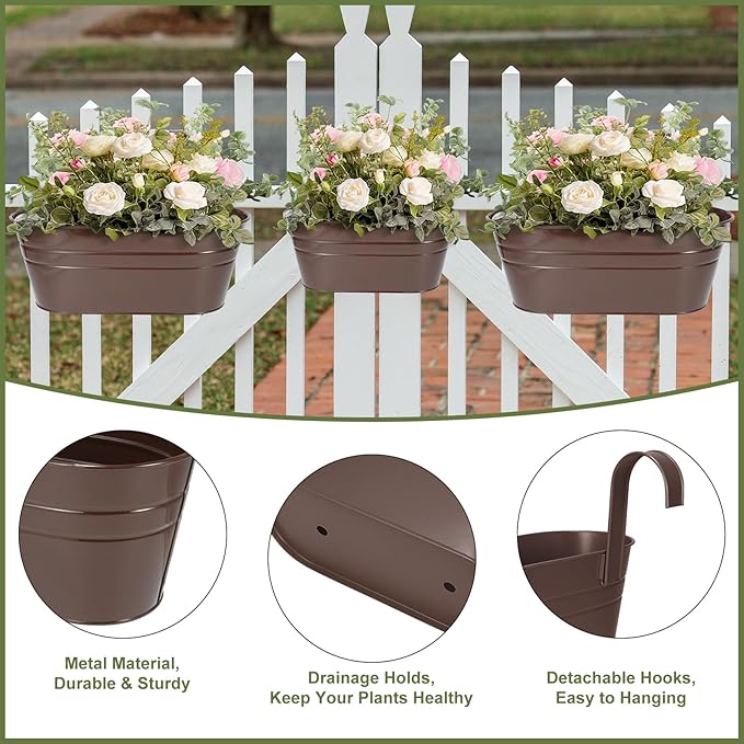 3 Different Size Metal Iron Hanging Flower Pots 13 Pcs for Outdoor Plants Metal Hanging Bucket Pots Iron Railing Fence Planter with Drainage Holes and Hooks for Porch Railing Balcony Fence (Bronze)