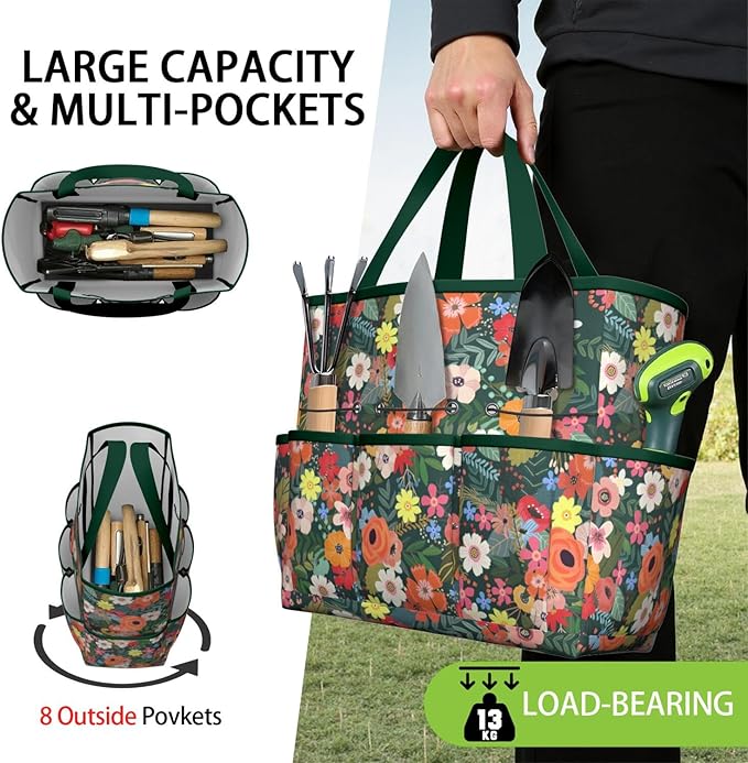 Daisy Flowers Garden Tool Bag - Waterproof Garden Tote with 8 Pockets, Large Storage Home Organizer Gardening Tool Oxford Bag for Garden Tools Kits Holder, Ideal Outdoor Gardening Gift for Women & Men