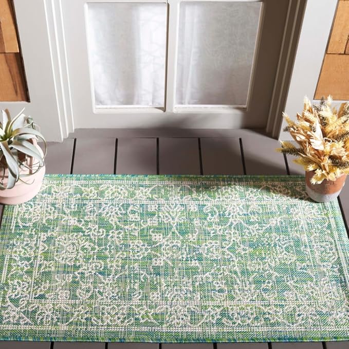 SAFAVIEH Washable Rug Outdoor Courtyard Collection - 2'3" x 5', Aqua Blue & Grey, Non-Shedding & Easy Cleaning, Ideal for Patio, Front Door, Entryway, Mudroom, Doormat (CY8680-37121)