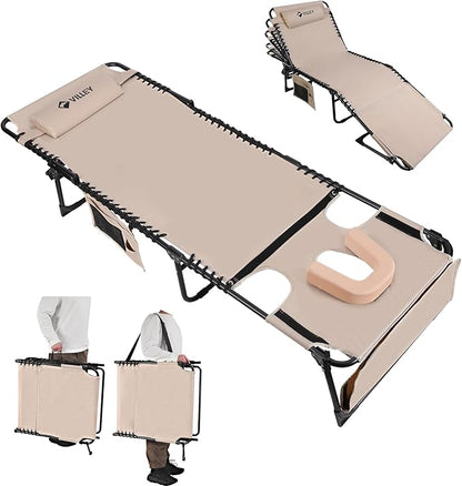 VILLEY Oversized Chaise Lounge Chair with Face Hole, Portable Tanning Chair, Adjustable Reclining Beach Chair, Outdoor Heavy-Duty Folding Sunbathing Chair for Outside Patio Lawn Beach Pool
