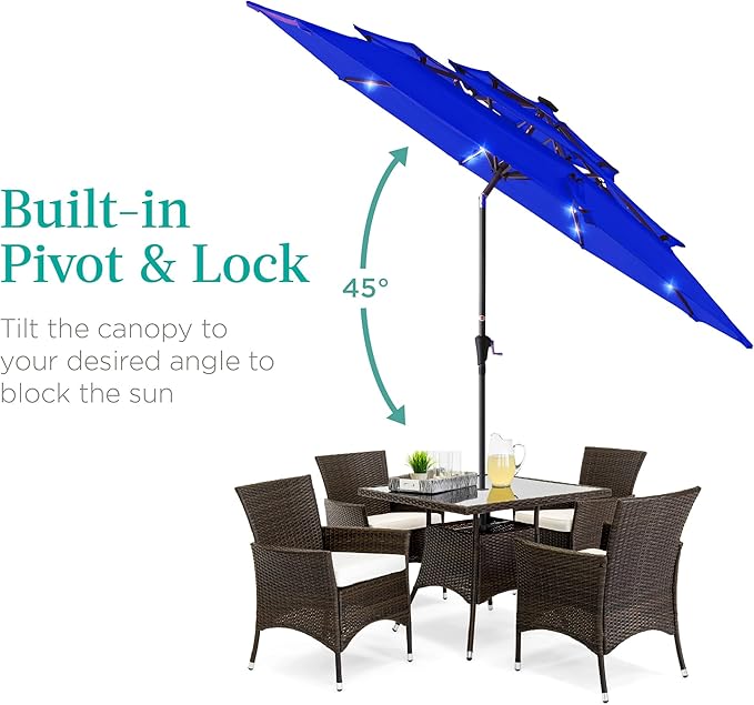 Best Choice Products 10ft 3-Tier Solar Patio Umbrella, Outdoor Market Sun Shade for Backyard, Deck, Poolside w/ 24 LED Lights, Tilt Adjustment, Easy Crank, 8 Ribs - Resort Blue
