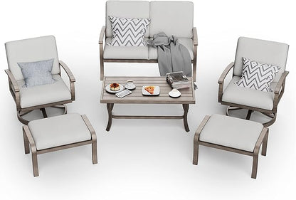 HAPPATIO 6 Piece Aluminum Patio Furniture Set, Outdoor Swivel Armchairs with Ottomans and Loveseat, All-Weather Outdoor Sectional Sofa with Comfortable Cushions and Coffee Table(Gray)