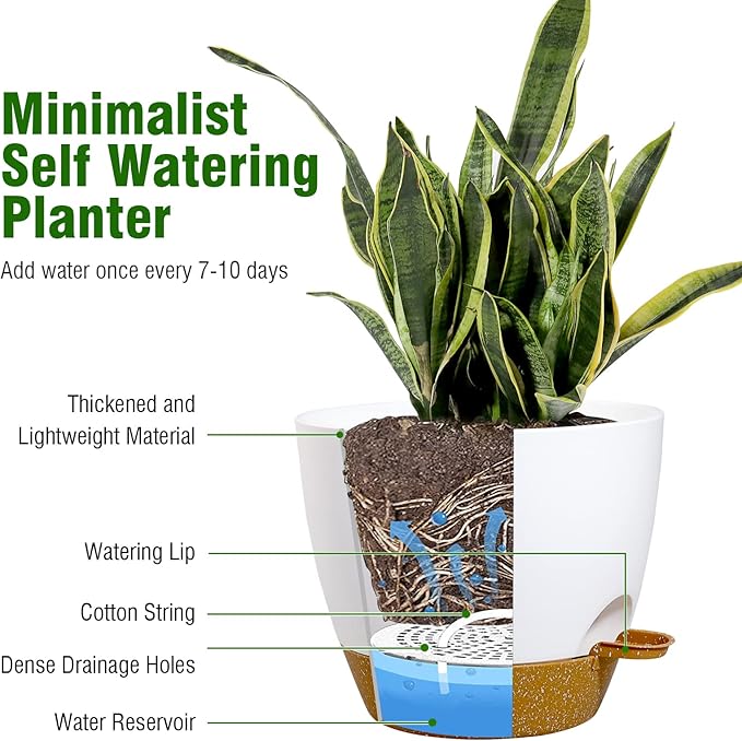 UOUZ Large Self Watering Pots, 12/10/9 Plastic Planters with High Drainage Holes and Deep Reservoir for Indoor Outdoor Garden Plants and Flowers, White with Brown