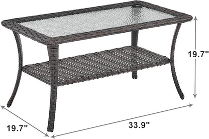 Rilyson Patio Tables Outdoor Coffee Table - Wicker Rattan Coffee Tables with 2-Tier Storage Shelf Glass Top for Outside Proch Deck Balcony Garden Rectangle Brown