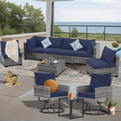FHFO 10 Pieces Outdoor Patio Furniture Set with Swivel Chairs, Wicker Sectional Sofa Set Rattan Modular Patio Conversation with Cushions Couch & Coffee Table for Garden, Balcony, Porch, Grey-Blue