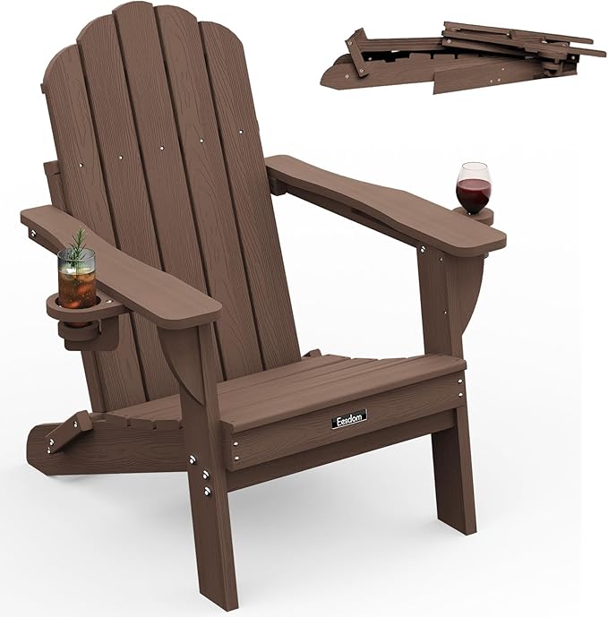 Adirondack Chair, HDPE Material Fire Pit Chairs, Plastic Adirondack Chairs with 2 Cup Holder, Outdoor Lawn Chair for Patio Garden, Brown