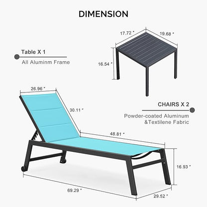 PURPLE LEAF Extra Large Outdoor Chaise Lounge 4 Pieces Aluminum Patio Lounge Chair with Wheels Reclining Chair for Patio Pool Beach Sunbathing Turquoise Blue Oversized Lounger