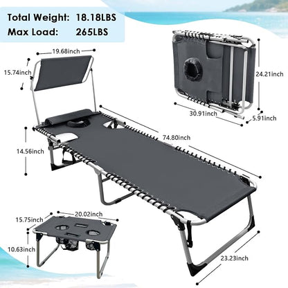 Outdoor Tanning Chair with Sun Canopy Shade & Face Hole, Folding Lounge Chair with Beach Table and Carry Bag for Poolside Sunbathing Lawn