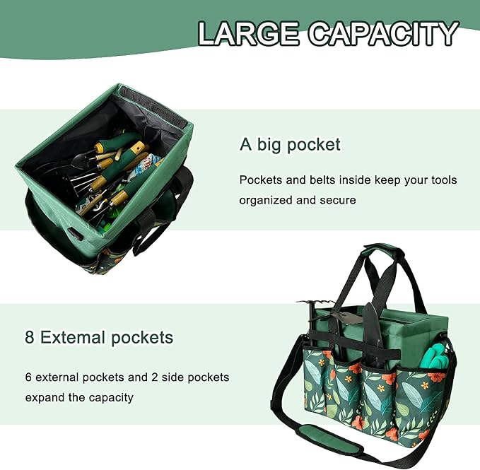 Standable Garden Tool Bag for Women, Oxford Multi-Pocket Gardening Tote with Hard Bottom & Adjustable Shoulder Strap