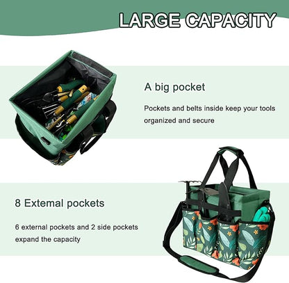 Standable Garden Tool Bag for Women, Oxford Multi-Pocket Gardening Tote with Hard Bottom & Adjustable Shoulder Strap