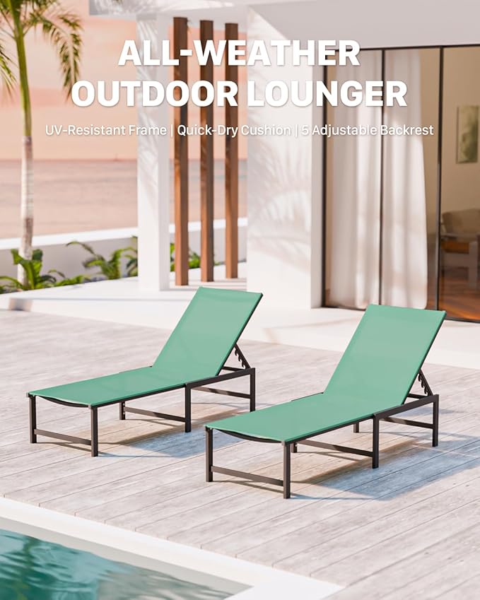 Chaise Lounge Chair Outdoor, Aluminum PatioChairs with 5 Adjustable Backrest and HeadrestPillows for Outside Beach,Green