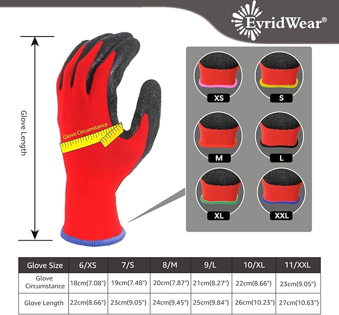 Evridwear Crinkle Latex Rubber Hand Coated Safety Work Gloves for Men Women General Multi Use Construction Warehouse Gardening Assembly Landscaping,Red Medium 12 Pairs Pack