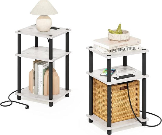 Furinno JUST Side Table Set of 2, 3-Tier Modern End Table with Charging Station, Open Shelf Night Stand, Bedside Table with USB and Type-C Port, for Living Room, Bedroom, Marble White