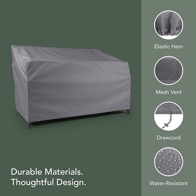 Covermates Elite Outdoor Patio Sofa Cover – Water-Resistant 300D Polyester, Double-Stitched Seams, Elastic Hem, Auto-Locking Drawcord & Mesh Vent for Moderate Weather, 74W x 32D x 34H, Charcoal