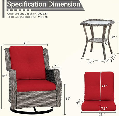 Outdoor Swivel Rocker Patio Chair with Matching Side Table - 360 Degree Patio Swivel Glider Chair with 3.5" Olefin Cushions(Mixed Grey/Red)
