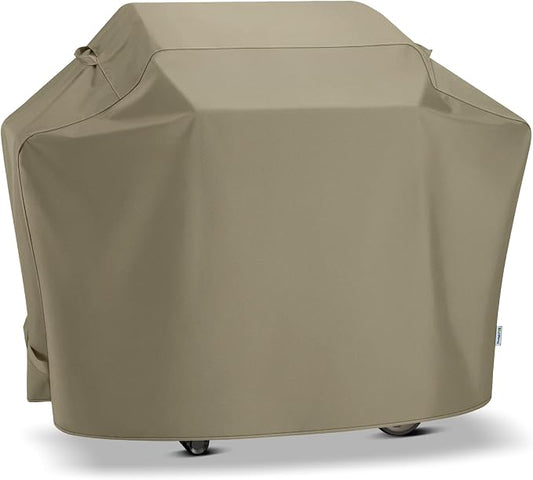 SunPatio Gas Grill Cover 60 Inch, Heavy Duty Waterproof Outdoor Barbecue Cover with Sealed Seam, FadeStop Material, All Weather Resistant Compatible for Weber CharBroil Nexgrill Grills and More, Taupe