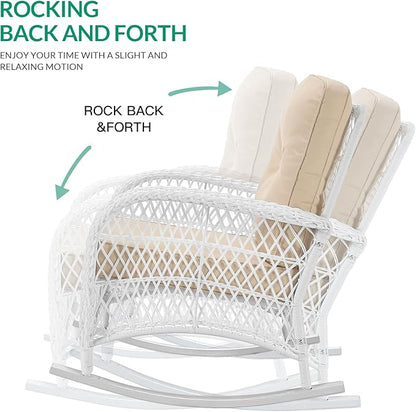 VIVIJASON 3-Piece Outdoor Conversation Bistro Set, Patio Wicker Rocking Chairs Rattan Furniture Sets w/ 2 Rattan Chairs, Cushions, Glass Top Side Table for Garden Porch Backyard (White Wicker/Beige)