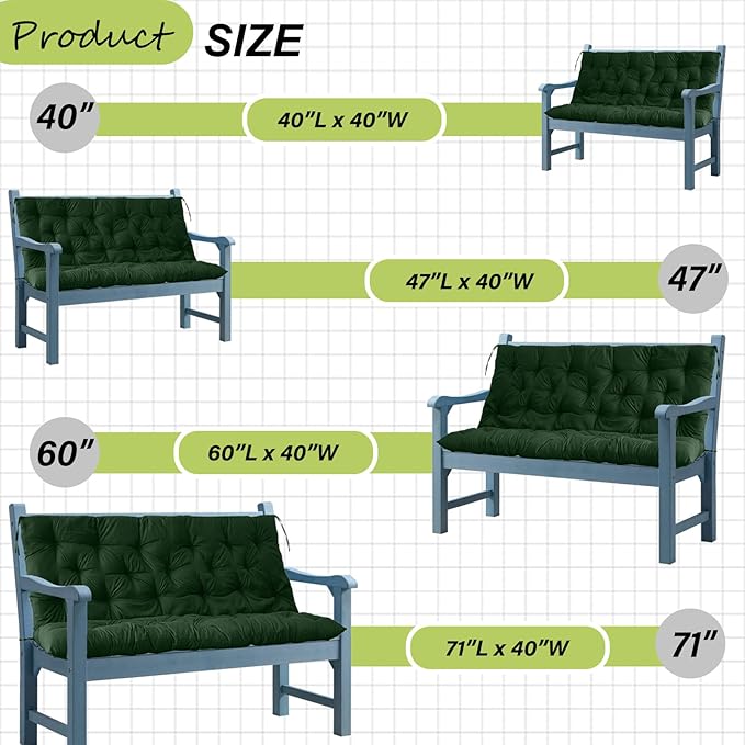 Swing Replacement Cushions with Backrest, 2 or 3 Seater Waterproof Non-Slip Overstuffed Swing Pad, Indoor/Outdoor Bench Cushion for Porch Chair Swings Garden Furniture (Dark green, 40 * 71 in)