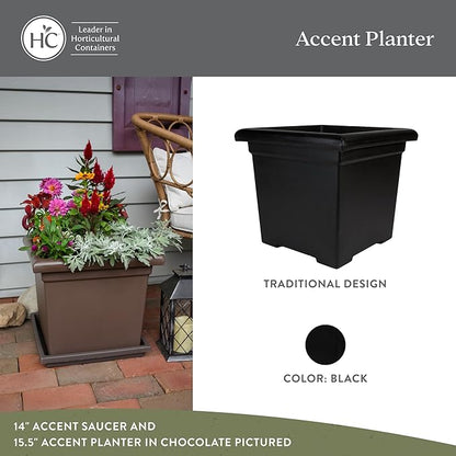 The HC Companies 15.5 Inch Accent Square Plant Pots with Drainage, Lightweight UV-Resistant Plastic Planters for Indoor & Outdoor Plants, 2-Pack Flower Pots for Garden, Office & Home Decor, Black