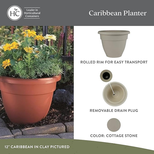 The HC Companies Caribbean Planter Pot - Outdoor & Indoor Plant Pot with Drainage Hole & Plug - Rolled Rim Plastic Pots for Plants & Flowers - Decorative Plant Pot (16" Cottage Stone, Pack of 1)