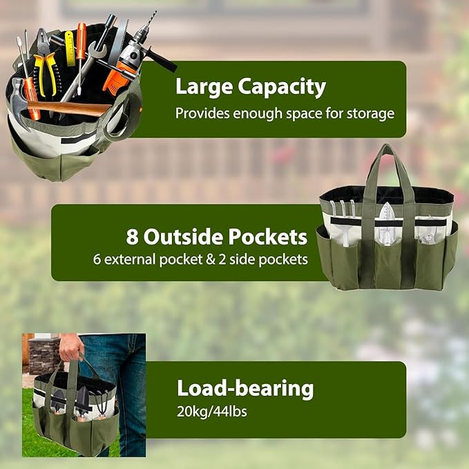 Garden Tool Bag Organizer, Tote Storage Bag with 8 Pocket, Heavy Duty Oxford Garden Tote Caddy, Gardening Tool Kit Holder for Indoor and Outdoor, Gifts for Men Women