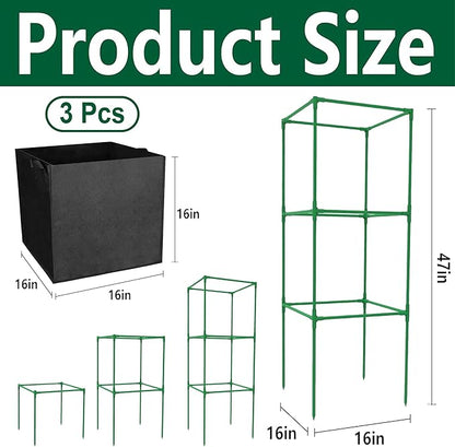 3 Packs 47 x 16 x 16 Inch Garden Tomato Cages with 17.7 Gallon Grow Bags- Square Plant Support Trellis Assembled with Planter Bags- Garden Cucumber Vegetables Frames for Vertical Climbing Plants
