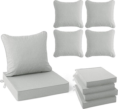 Summsun Patio Cushions for Outdoor Furniture, Faux Linen Water Resistant Backrest and Deep Seat Cushion Set with Non-Slip Bottom, Ties, Removable Cover, 24 x 24 Inch, Light Grey, Set of 4