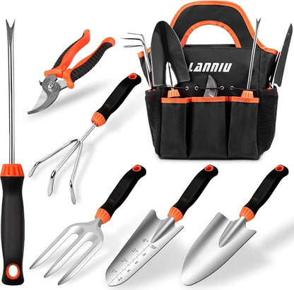 Garden Tool Set - 7 Piece Heavy Duty Stainless Steel Gardening Hand Tools with Floral Tote Bag, Non-Slip Rubber Grip, Gardening Kit Gifts for Women Mom