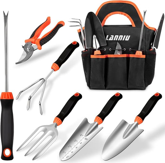 Garden Tool Set - 7 Piece Heavy Duty Stainless Steel Gardening Hand Tools with Floral Tote Bag, Non-Slip Rubber Grip, Gardening Kit Gifts for Women Mom