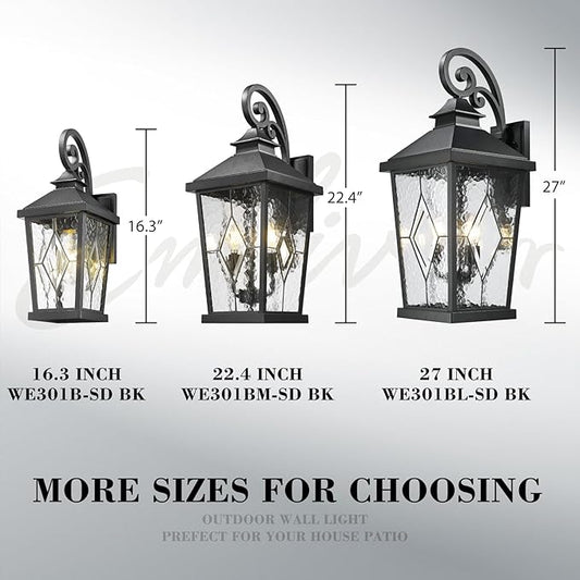 Emliviar 22.4" Large Outdoor Wall Light, Matte Black Exterior Lighting Fixtures with Water Glass Shade, Outside Wall Lantern with E12 Bulb Base, WE301BM-SD BK