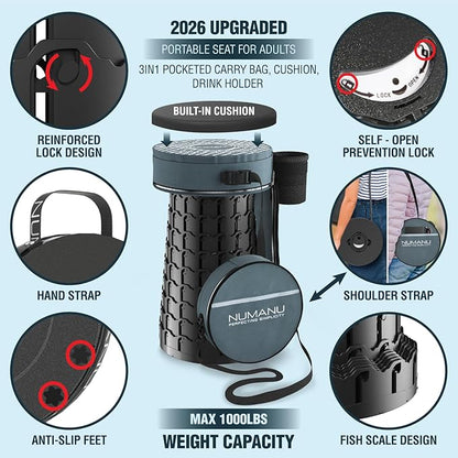 NUMANU 2026 Upgraded XXL Collapsible Stool & 3IN1 Cushioned Carry Bag, 2.7"-19.7" Height Adjustable, Max 1,000lbs Portable Retractable Telescoping Seat, Foldable Camping Stool for Adults (XXL Round)