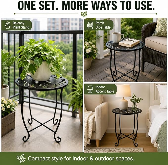Outdoor Side Tables 2 Pack, 15" Height Tool-Free Metal Patio End Table with Monstera Pattern, Compact Space Saving Plant Stand for Balcony Porch Deck, Weather Resistant, Black