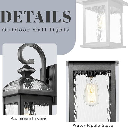 Outdoor Wall Lights Black Exterior Light Fixture Wall Mount with Water Ripple Glass 15 Inch Height Outdoor Wall Lamps 2-Pack Waterproof E26 Socket