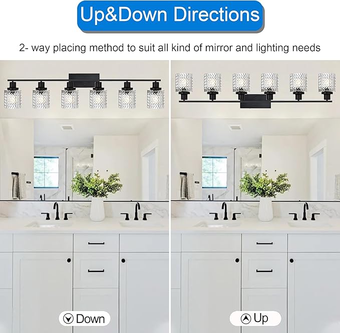 MELUCEE 6 Lights Bathroom Lighting Fixtures Over Mirror Black with Hammered Glass Shade, Vanity Light Indoor Wall Mounted Lamp for Bathroom Bedroom Kitchen