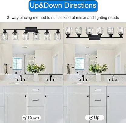 MELUCEE 6 Lights Bathroom Lighting Fixtures Over Mirror Black with Hammered Glass Shade, Vanity Light Indoor Wall Mounted Lamp for Bathroom Bedroom Kitchen