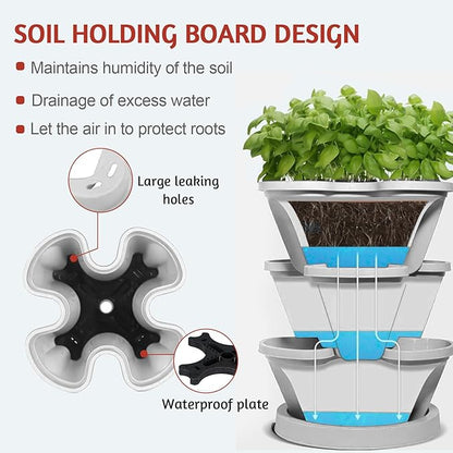 7 Tier Vertical Strawberry Planter-Tower Stackable Herb Planters-Stacking Garden Outdoor Planter Pot with Tools Mover for Flowers, Vegetables and Succulents, Light Grey