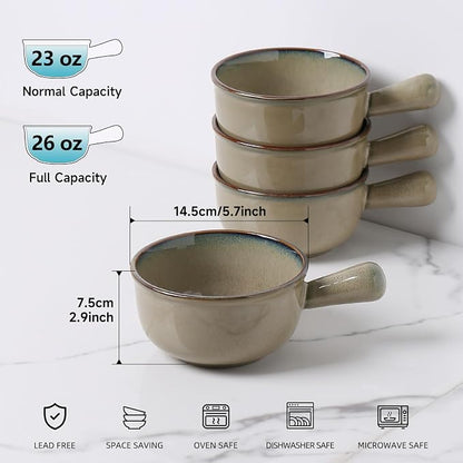 MONITO 26 Oz French Onion Soup Bowls, Ceramic Soup Bowls with Handles, Stackable Soup Crocks, Oven/Microwave/Dishwasher Safe, for Cereal, Soups, Casseroles