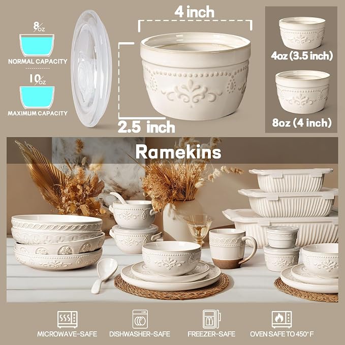Artena Ramekins with Lids, Creme Brulee Ramekins Oven Safe, Ceramic Pudding Cups, Souffle Cups, Custard Cups, Dipping Sauce Cups, Food Storage Containers with Lids, Set of 4 (8 oz, Multiple Patterns)