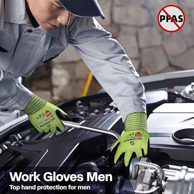 Schwer ProGuard Highest Level Cut Resistant Work Gloves PR3326 for Extreme Protection, ANSI A9 Working Gloves with Sandy Nitrile Coated, Touch-screen, Durable, Washable, Yellow 1 Pair L