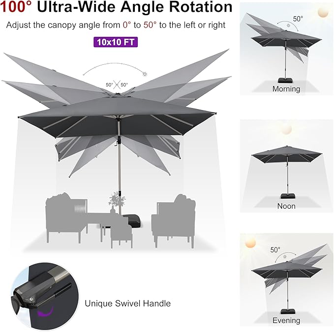PURPLE LEAF 10' X 10' Left-right Tilting Patio Umbrella with Base Outdoor Swivel Cantilever Offset Aluminum Umbrella with Champagne Frame and 360-degree Rotation for Garden Deck Pool, Grey