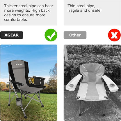 XGEAR Camping Chair with Padded Hard Armrest, Sturdy Folding Camp Chair with Cup Holder, Storage Pockets Carry Bag Included, Support to 400 lbs