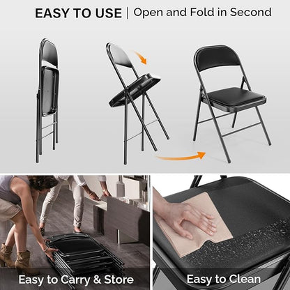 VINGLI 10 Pack Folding Chairs with Padded Seats, Metal Frame with Pu Leather Seat & Back, Capacity 350 lbs, Black