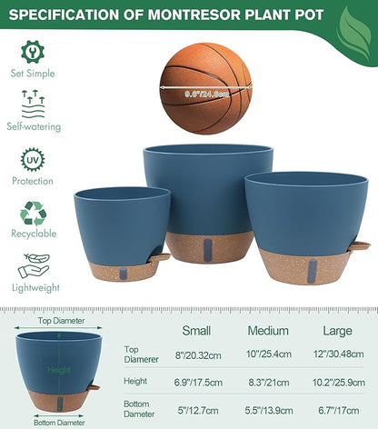 montresor 12/10/8 Inch Self Watering Pots for Indoor Plants Plastic Large Plant Pots for Outdoor Plants, Water Level Window & Spacious Reservoir Flower Pots Decorative Planter with Drainage and Tray