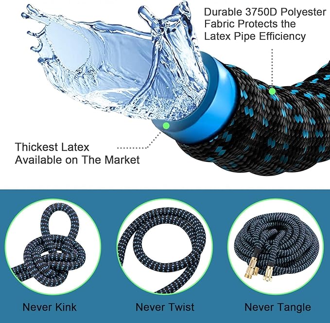 50 ft Expandable Garden Hose - Kink Free Flexible Water Hose 50ft with 10 Pattern Spray Nozzle, 3/4 Solid Brass Connectors, Retractable Latex Core - Lightweight Expanding Hose